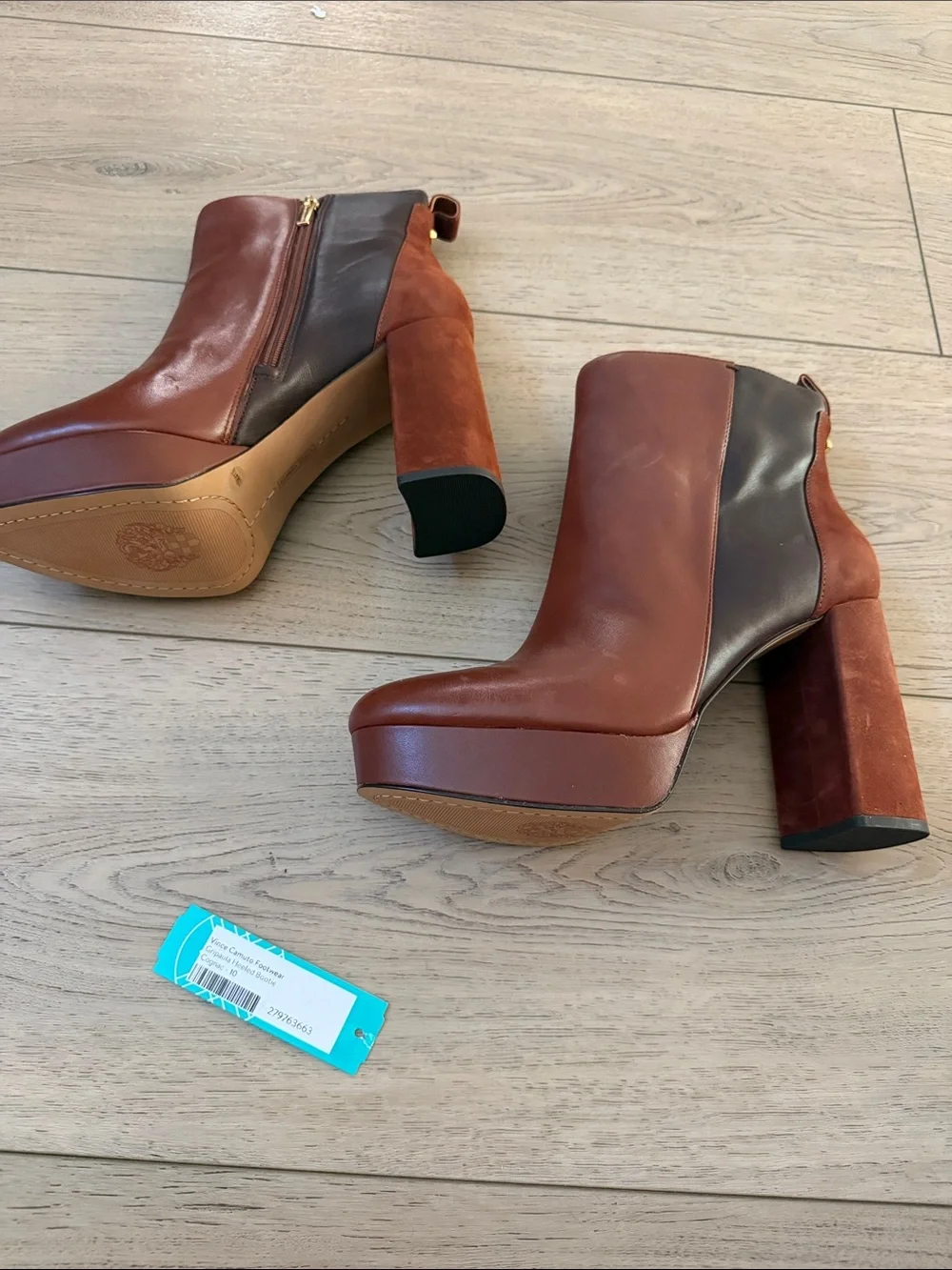 Vince Camuto Brown Leather Platform Ankle Boots with Black Stretch Panels